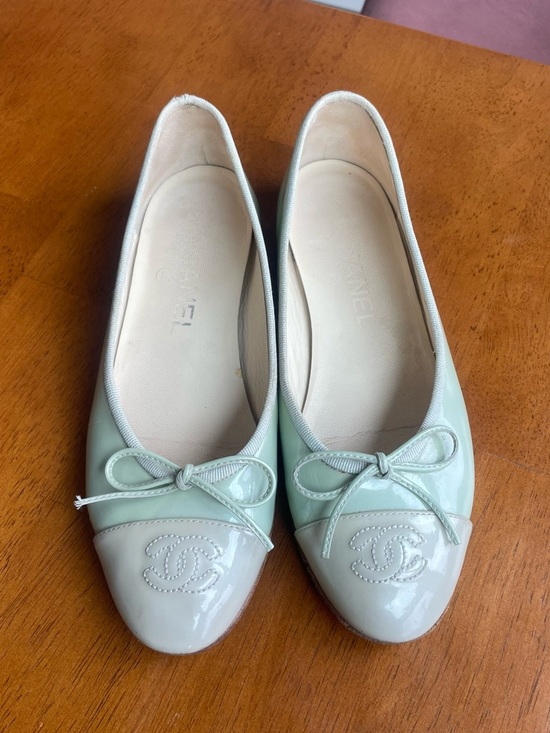 CHANEL Shoes - CHANEL Mint Green Two Tone Patent Leather Cap-Toe Ballet Flats